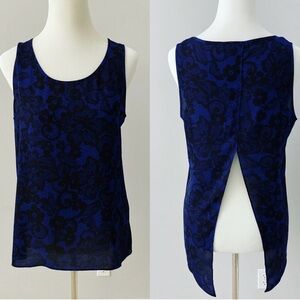 Express Blue and Black Floral Lace Split Open Back Women's Top - Size L